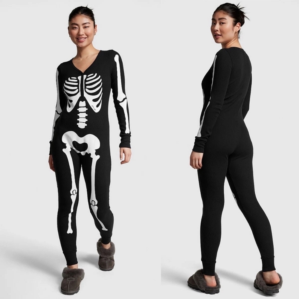 PINK Victoria's Secret Black & White Skeleton One-Piece Pajama Jumpsuit